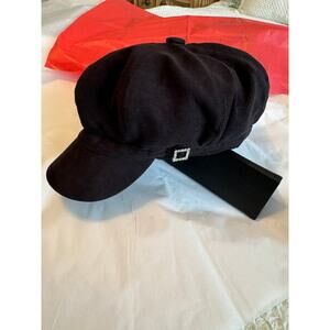 Black News Boy, Paperboy Cap Hat  1980s Small with Faux Rhinestone Womens